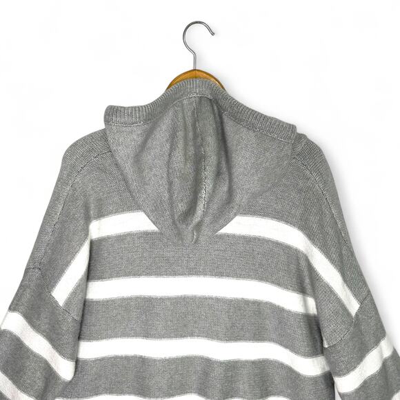 Joie Women's Striped V Neck Hooded Sweater Size L Gray White Stripe Draw Sting - Picture 5 of 8